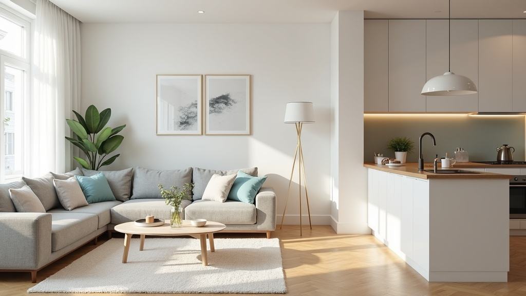 Apartment cleaning service in a modern apartment kitchen and living room