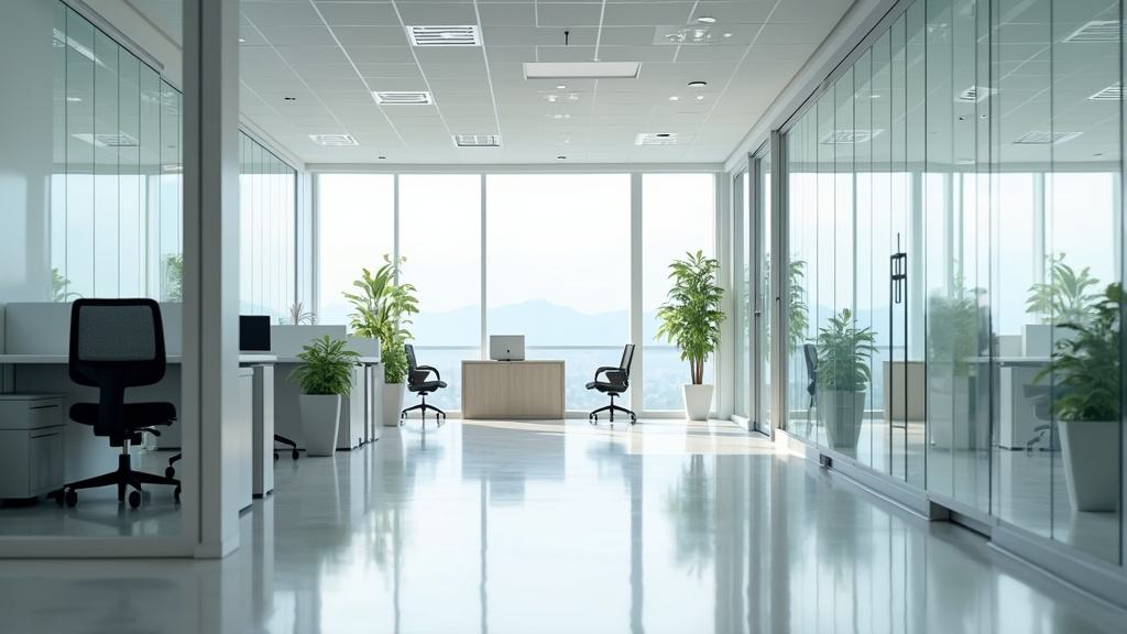 Office cleaning service in a professional workspace with glass and desks