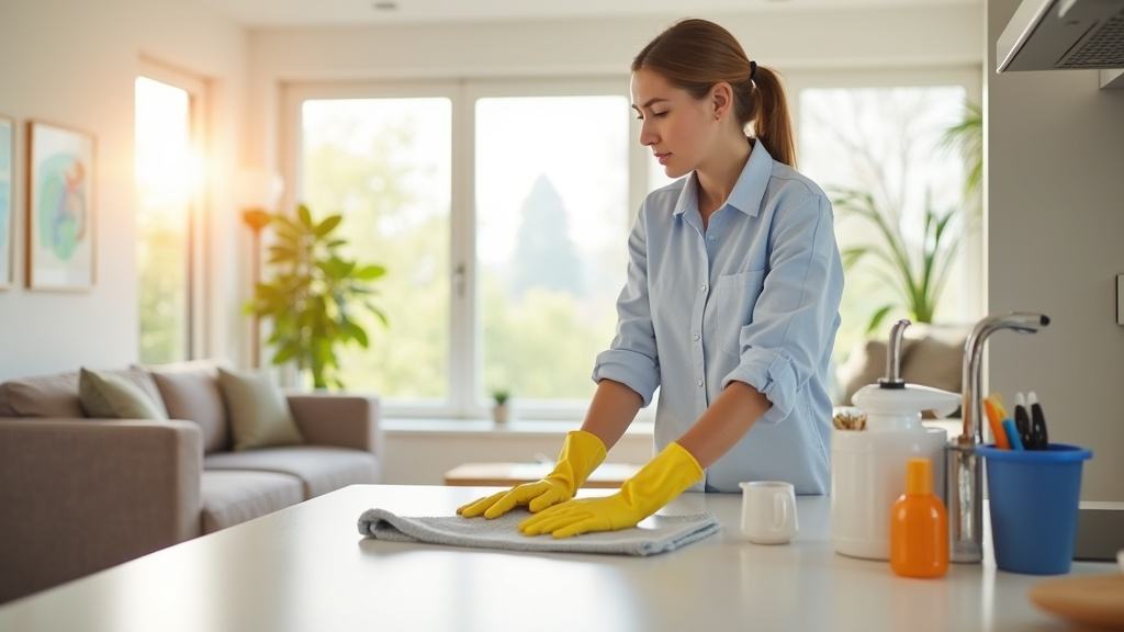 Residential cleaning team working through a tidy living room and kitchen in Newark